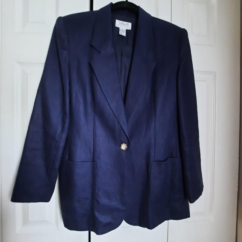 Vintage Talbots Petites Linen Navy Blue Structured Blazer Size 8P